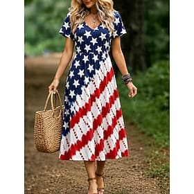 American Independence Day Women's Midi Dress Casual Dress Elegant Vacation Holiday Regular Fit Graphic Flag Short Sleeve V Neck Blue Red Summer Spring thumbnail 2