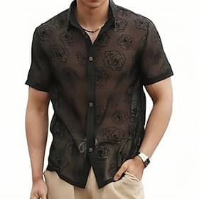 Men's Shirt Casual Shirt Button Up Shirt Jacquard Shirt Black Short Sleeve Floral Shirt Collar Casual Daily Mesh Clothing Apparel Elegant Fashion Casual