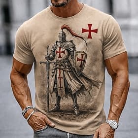 Homme Chevaliers Templiers Croix T-shirt Manche Courte T-shirt Impression 3D Col ras du cou Chemise Religieux Rue Dark Party Noir Rouge Bordeaux Kaki Toutes sa