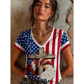 American Independence Day Women's T Shirt Print Floral Graphic Letter Stylish Classic Casual Short Sleeve V Neck Regular Tops Casual Daily Blue Black Red Navy