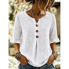 Women's Shirt Blouse Ruched Embroidered Buttons Floral Graphic Vintage Fashion Stylish 3/4 Length Sleeve V Neck Regular Tops Casual White Summer Spring