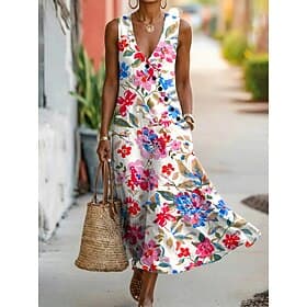 Femmes Robe Midi Robe trapèze Élégant Bohème Plage Fête Coupe régulière Fleuri Graphique Sans manches Col en V Bleu Rouge Violet Vert Été Printemps