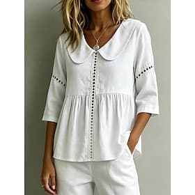 Women's Blouse Buttons Plain Stylish Short Sleeve Peter Pan Collar Regular Tops Casual Beach Blue White Green Apricot Summer Spring