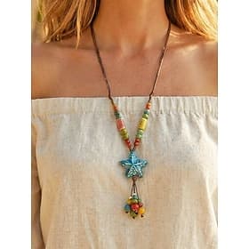 Women's Bohemian Star Pendant Necklace, Handmade Colorful Ceramic Beads, Adjustable Long Chain Jewelry for Garden Party, Beach Vacation, Daily Casual Wear