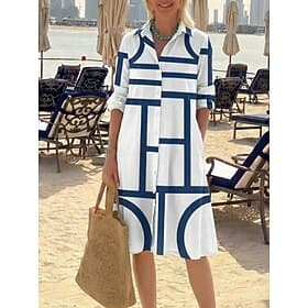 Damen Midikleid A Linie Kleid Figurbetontes Kleid Urlaub Geburtstag Lässig Strand Ausgehen Normale Passform Grafik Geometrisch Langarm Revers Blau Schwarz Rote