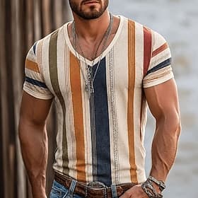 Men's Color Block Stripes T Shirt Short Sleeve T shirt 3D Print V Neck Shirt Vacation Casual Daily Holiday Red Orange Brown Spring  Summer Clothing Apparel S M