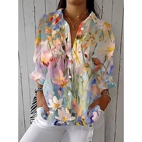 Damen Hemd Gerafft Blumen Grafik Elegant Urlaub Stilvoll Dreiviertelarm Hemdkragen Crop Tops Lässig Täglich Arbeit Weiß Gelb Rosa Violett Purpur Sommer Frühlin