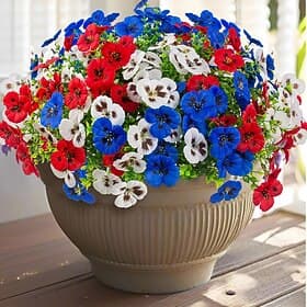18 Pcs Artificial Fake Pansy Flowers for Outdoor, UV Resistant Faux Silk Pansies Patriotic Flowers for Outside for Planter Front Door Porch Patio Window 4th of