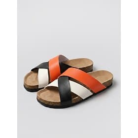 Women's Orange Cross Strap Slide Sandals – Color Block Wide Fit Comfort Slides with Contoured Footbed for Flat Feet, Travel  Summer Casual Wear