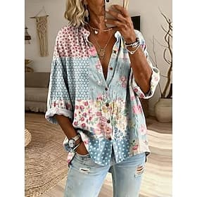 Dame Skjorte Knapper Trykt mønster Blomstret Grafisk Årgang Daglig Stilfull Langermet Crew-hals Vanlige topper Avslappet Daglig Blå Lilla Grønn Sommer Vår