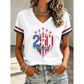 American Independence Day Women's T Shirt Print Graphic American Flag Vintage Stylish Classic Short Sleeve V Neck Regular Tops Casual Daily Blue White Red Summ