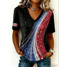 American Independence Day Women's T Shirt Print Graphic Letter American Flag Vintage Stylish Classic Short Sleeve V Neck Regular Tops Casual Daily Black Navy B