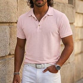 Men's Linen Shirt Polo Shirts Golf Shirt Short Sleeve Polo Collar Classic Collar Spring  Summer Summer Spring Plain Textured Vacation Fashion Cool Buttons Casu