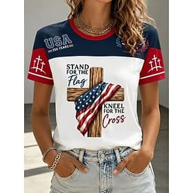 American Independence Day Women's T Shirt Print Graphic Letter National Flag Vintage Stylish Classic Short Sleeve Crew Neck Regular Tops Casual Daily Weekend B