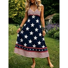 Jour de l'Indépendance Américaine Femmes Robe Midi Robe trapèze Robe Nuisette Vacances Occasionnel Coupe régulière Graphique Drapeau Sans manches Col en V Bleu thumbnail 2