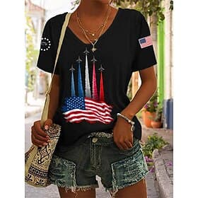 American Independence Day Women's T Shirt Print Graphic Letter American Flag Vintage Stylish Classic Short Sleeve V Neck Regular Tops Casual Daily Black White thumbnail 2
