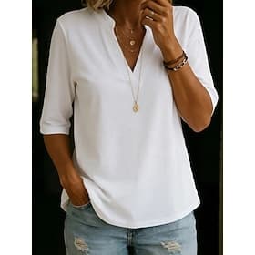 Women's T Shirt Summer Tops Stylish Classic 3/4 Length Sleeve V Neck Regular Tops Casual Blue White Red Green Gray Summer Spring