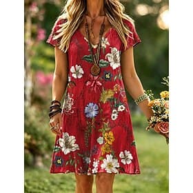 Damen Knielanges Kleid T-Shirt-Kleid A Linie Kleid Urlaub Lässig Boho Strand Normale Passform Blumen Grafik Kurzarm V Ausschnitt Dunkelrot Rote Beige Sommer Fr