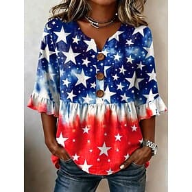 Amerikaanse onafhankelijkheidsdag Dames Blouse Lapwerk Knop Afdrukken Grafisch Amerikaanse vlag Vintage Stijlvol Halve mouw V-hals Normale tops Casual Dagelijk thumbnail 2