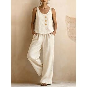 Women's Pants Sets Sleeveless U Neck Solid Color Fashion Streetwear Casual Daily Outdoor Blue Khaki White Summer Loose Fit