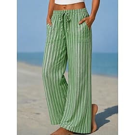 Women's Wide Leg Trousers Chinos Casual Pants Fashion Streetwear Basic Full Length High Waist Striped Pocket Elastic Waist Striped Comfort Comfortable Inelasti