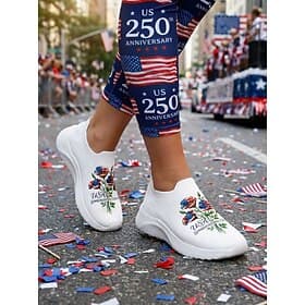 Women's White Patriotic Bouquet Slip-On Sneakers – Breathable Knit Floral Printed Walking Shoes for Independence Day, Parade, Summer Festivals  Casual Streetwe