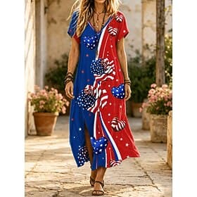 American Independence Day Women's Midi Dress Shift Dress T Shirt Dress Tee Dress Vacation Casual Holiday Regular Fit Graphic Flag Short Sleeve V Neck Blue Red