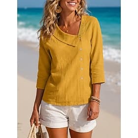Women's Cotton Linen Shirts Buttons Solid Color Plain Vintage 3/4 Length Sleeve Asymmetrical Regular Tops Casual Blue Yellow Red Navy Blue khaki Summer Spring