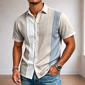 Men's Shirt Casual Shirt Button Up Shirt Jacquard Shirt Blue Pink Navy Blue Apricot Short Sleeve Plain Shirt Collar Casual Daily Patchwork Clothing Apparel Ele