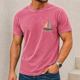 Men's Sailboat Acid Wash Shirt Heavyweight T-shirt Short Sleeve T shirt DTG Crew Neck Shirt Hawaiian Daily Holiday Blue Pink Orange Spring  Summer Clothing App