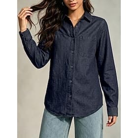 Femmes Chemise Chemisier Boutons Denim Couleur Unie Élégant Vacances Occasionnel manche longue Col de chemise Hauts Réguliers Occasionnel bleu marine Printemps