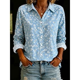 Mujer Camisa Botones Estampado Floral Graphic Elegante Vintage Diario Manga Larga Cuello Camisero Tops regulares Casual Diario Trabajo Azul Piscina Rosa Rojo M