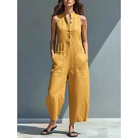 Women's Normal Jumpsuit Vacation Solid Color Sleeveless Wide Leg Stand Collar Belted Backless Daily Vacation Loose Fit Blue Black White Summer