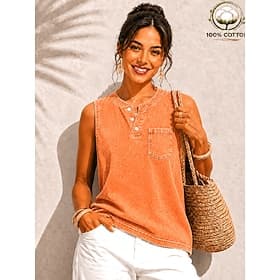 SoftFade™ Women's 100% Cotton Henley Shirt Washed Acid Wash Vintage Washed Vintage Fashion Stylish Sleeveless Raglan Sleeves Henley Long Tops Casual Beach Blue