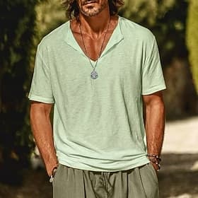 Herren T-Shirt Leinen-T-Shirt Kurzarm Kurze Ärmel V Ausschnitt Sommer Einfarbig Einfach Mode Designer Basic Weich Rein Lässig Urlaub Straße Schwarz Weiß Blau T