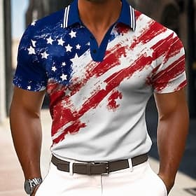 4th of July 2026 250th Men's American US Flag Polo Short Sleeve Polo Shirts Collared Shirts Casual Outdoor Daily Wear 3D Print Summer Blue White Dark Blue