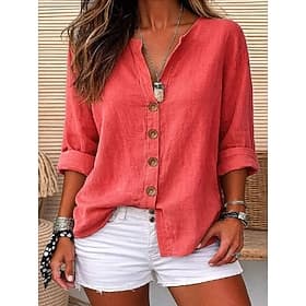 Chemises en lin pour femmes, blouses boutonnées, couleur unie, manches 3/4, col en V, coupe classique, pour tous les jours, noir, blanc, rouge, orange, vert, é