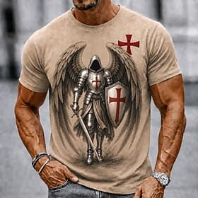 Men's Knights Templar Crusaders Cross T Shirt Short Sleeve T shirt 3D Print Crew Neck Shirt Religious Daily Street Holiday Black Khaki All Seasons Clothing App