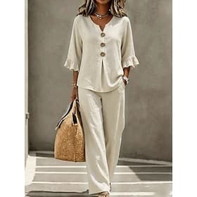 Women's Pants Sets Half Sleeve V Neck Solid Color Fashion Streetwear Casual Daily Outdoor Blue Black White Spring  Summer Loose Fit