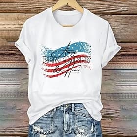 American Independence Day Women's T Shirt Print Graphic Flag Letter Vintage Fashion Stylish Short Sleeve Crew Neck Regular Tops Casual Daily Weekend Black Whit