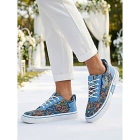 Men's Blue Floral Print Casual Sneakers - Lightweight Lace-Up Comfort Walking Shoes - Stylish Low-Top Footwear for Garden Weddings, Outdoor Parties, Travel and
