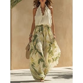 Femmes Robe maxi Robe en Chiffon Robe Ensemble Robe Fleurie Élégant Mode Moderne Quotidien Vacances Week-end Coupe régulière Fleuri Sans manches Col Halter Ver
