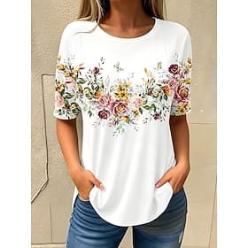 Per donna Maglietta Stampato Floreale Grafico Piante Elegante Classico Casual Manica Corta Girocollo Top Regolari Casuale Quotidiano Bianco Estate Primavera