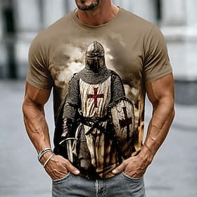 Per uomo Cavalieri Templari Croce Maglietta Manica Corta maglietta Stampa 3D Girocollo Camicia Religioso Streetwear Festa oscura Nero Cachi Tutte le stagioni A