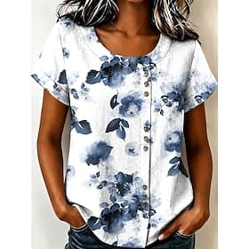 Femmes Chemisier Boutons A Ombre Fleuri Graphique Élégant ancien Quotidien Sans manches Manche Courte Col ras du cou Hauts Longs Occasionnel Quotidien Fête Ble
