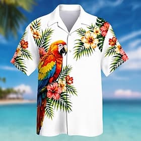Men's Parrot Coconut Palm Tropical Plants Summer Hawaiian Shirt Tropical Shirts Aloha Shirt Short Sleeve Hawaiian Daily Beach Vacation Wear Summer Spring Turnd thumbnail 2