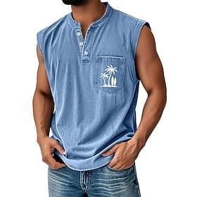 Homens Camisa 100% algodão com lavagem ácida camisa sem manga Sem Manga Henley Verão Côr Sólida Coco Casual Tingimento em peça Desaparecido Lavagem vintage Diá thumbnail 3