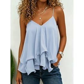 Women's Tank Top Ruffle Layered Boho Chic Chiffon Sleeveless Crop Tops Casual Light Blue Black White Red Purple Summer