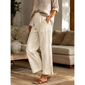Women's Chinos Summer Pants 100% Cotton Straight Vacation Streetwear Basic Full Length Medium Waist Plain Pocket Elastic Waist Comfy Comfort Comfortable Inelas