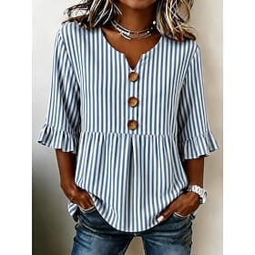Women's Shirt Patchwork Buttons Print Graphic Geometric Striped Vintage Stylish Long Sleeve V Neck Regular Tops Casual Daily Holiday Blue Yellow Orange Summer